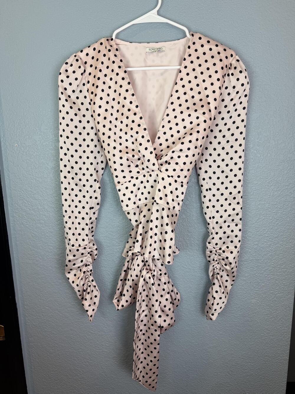 Ronny Kobo Peplum Blouse Womens Small Pink Polka Dot Long Sleeve Ruffle Top Tie